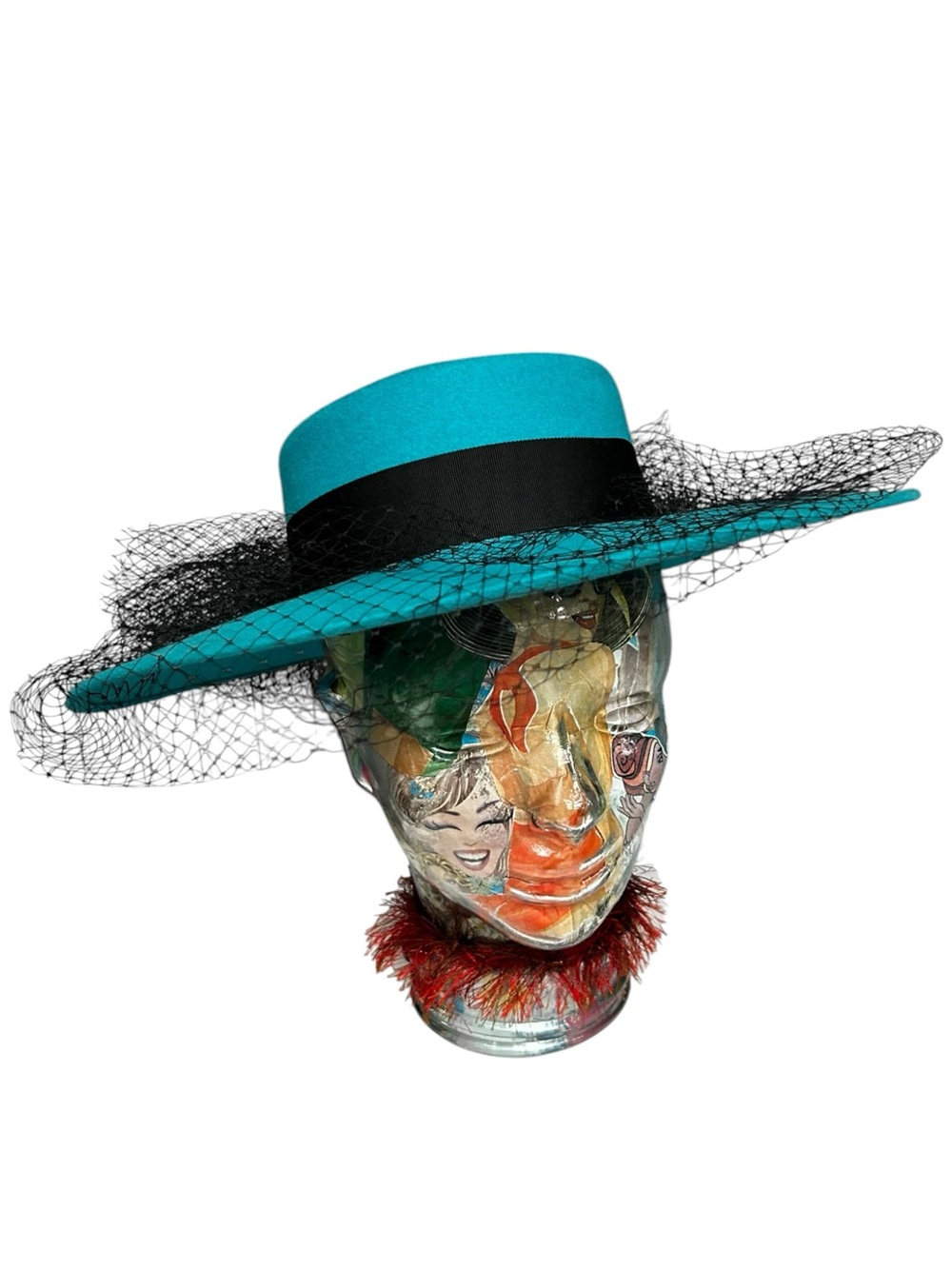 Vintage Fabini New York Turquoise Wool Wide Brim Hat Black Veil Church Hat